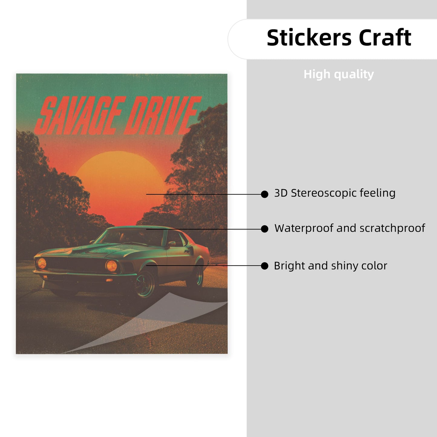 Retro Sunset Highway Crystal Sticker “SAVAGE DRIVE” – Muscle Car Themed Wall Art Decoration 20×26.5cm for Bedroom, Garage, Office, Café
