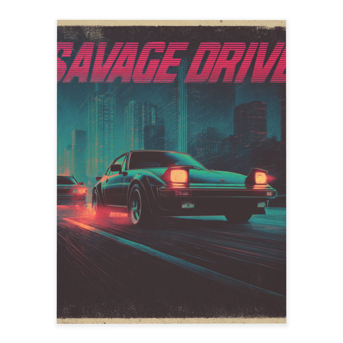 Neon City Racing Crystal Sticker “SAVAGE DRIVE” – Retro Muscle Car Wall Art Poster 20×26.5cm for Bedroom, Garage, Office, Café