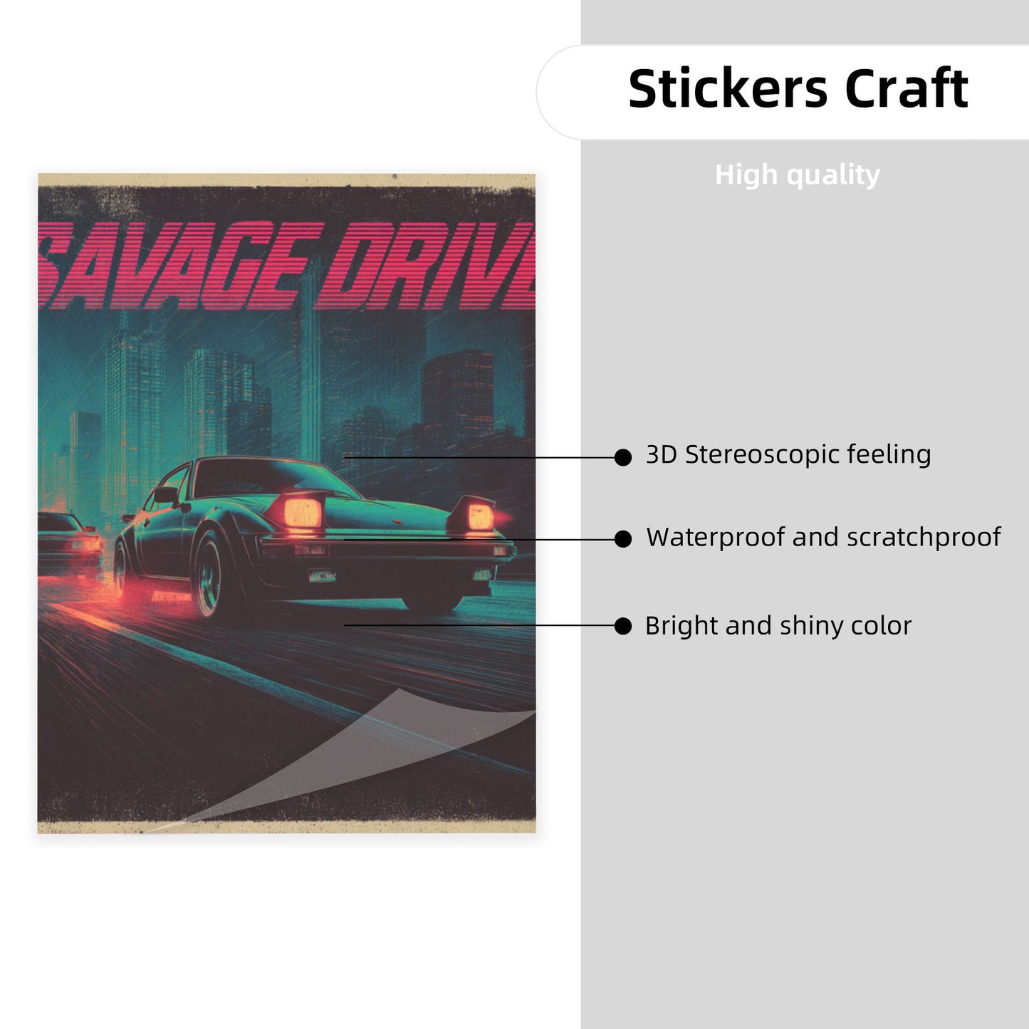 Neon City Racing Crystal Sticker “SAVAGE DRIVE” – Retro Muscle Car Wall Art Poster 20×26.5cm for Bedroom, Garage, Office, Café