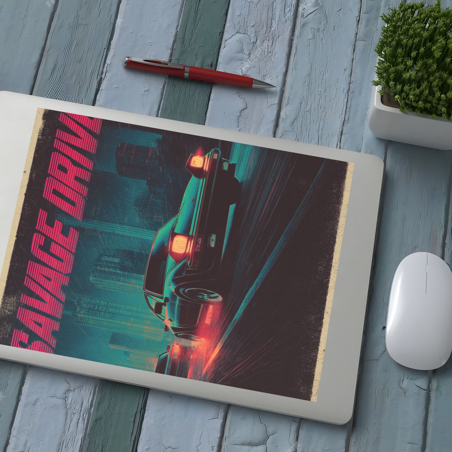 Neon City Racing Crystal Sticker “SAVAGE DRIVE” – Retro Muscle Car Wall Art Poster 20×26.5cm for Bedroom, Garage, Office, Café