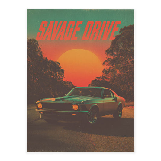 Retro Sunset Highway Crystal Sticker “SAVAGE DRIVE” – Muscle Car Themed Wall Art Decoration 20×26.5cm for Bedroom, Garage, Office, Café